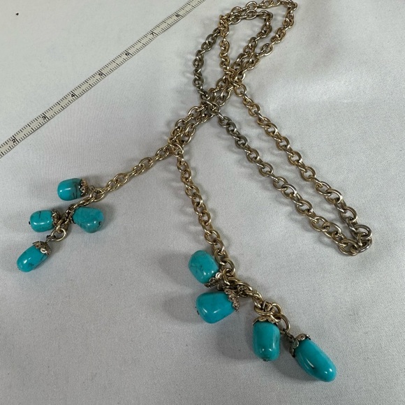 Long lariat style necklace with blue abstract bead dangles - Picture 5 of 5